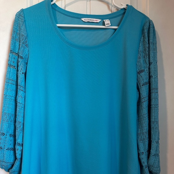 Isaac Mizrahi Pebble Knit Top with Scoop Neck & Lace Sleeves - Fresco Blue NWOT - Picture 8 of 8